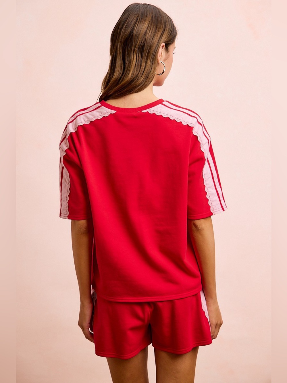 BiBi French Terry Side Lace Detail Short Sleeves Top - Picture 4 of 15